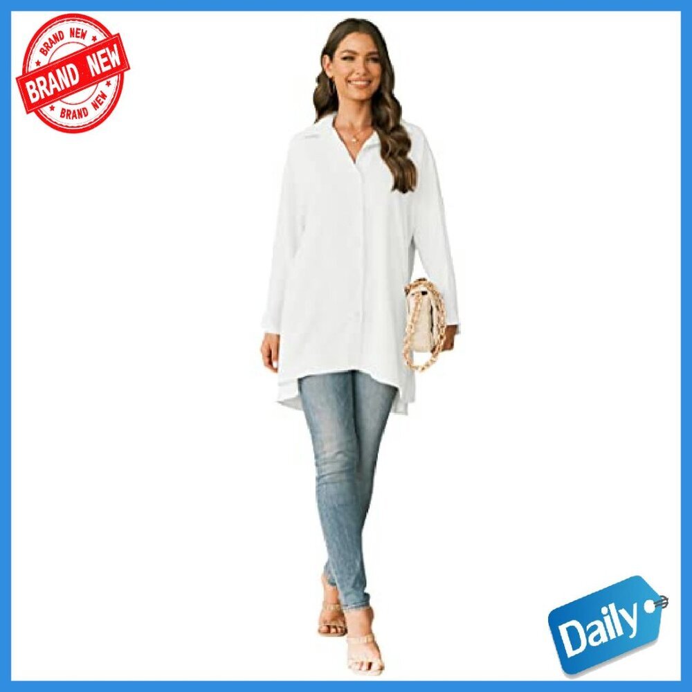 Oversized Long Sleeve Button Down Tunic Blouse Loose Fit Flowy - Picture 4 of 8